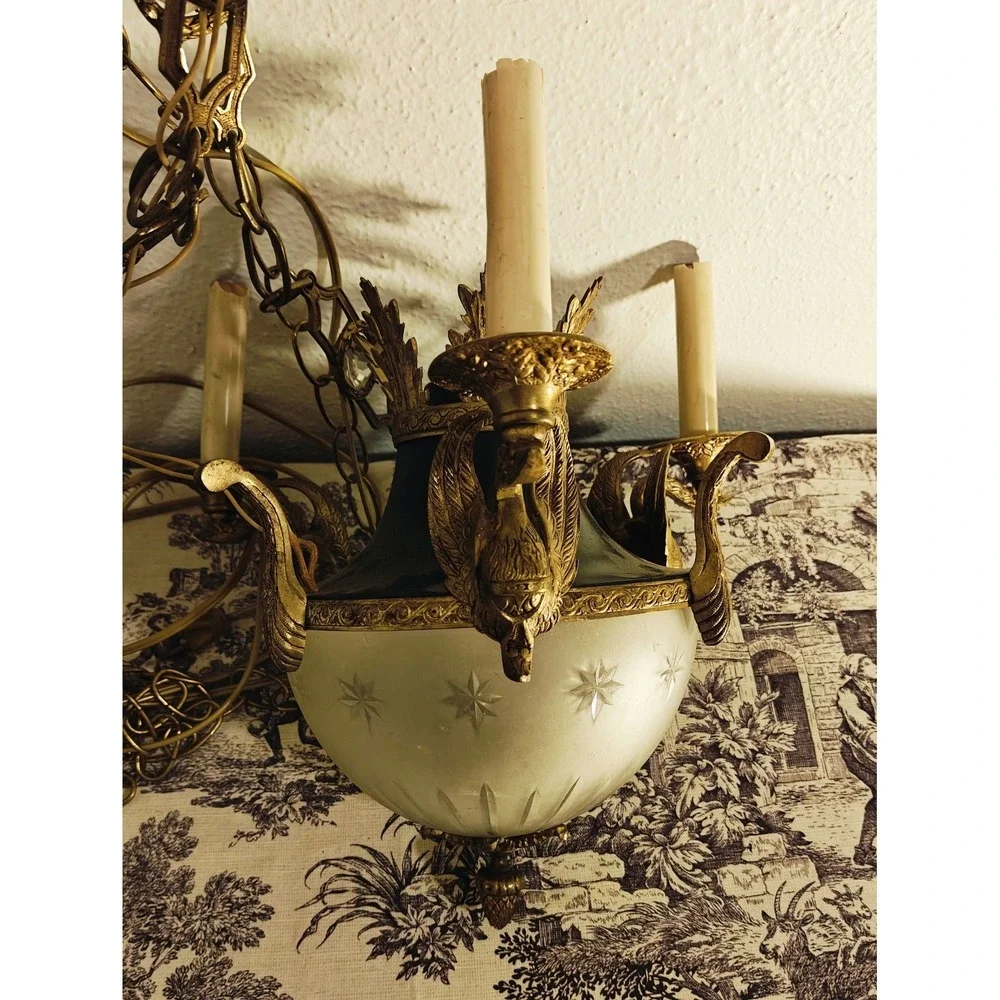 Vintage/Antique Art Deco Empire pendant Swan Frosted Light Fixture Gold Gilt
